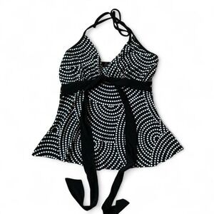 Y2K  Black White Dot Babydoll Tank Top Tie Waist Peplum